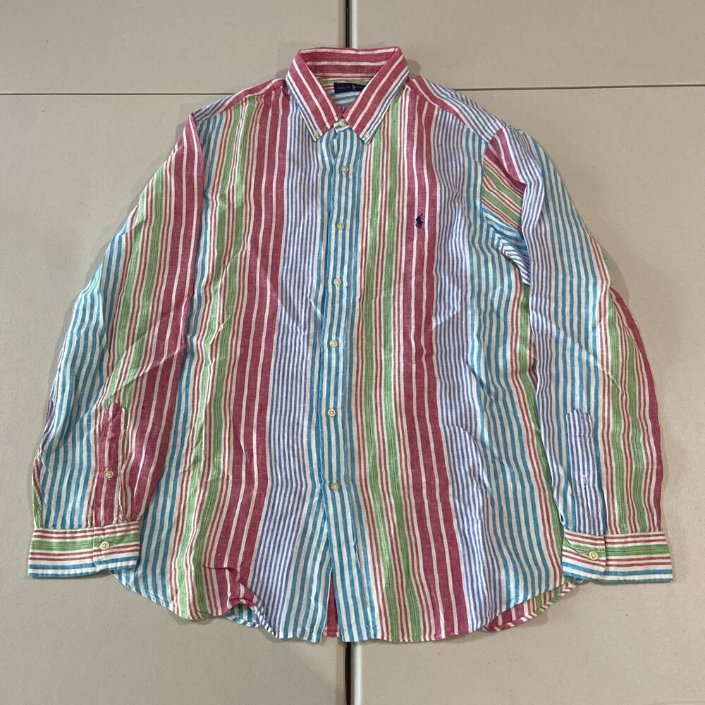 Ralph Lauren Shirt Mens XL Striped Button Linen Button Colorful Relax